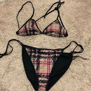 Burberry Pink Plaid Triangle Bikini with Black Trim